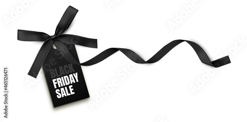 Black Friday sale label with black bow and black ribbon isolated on white background. Vector illustration