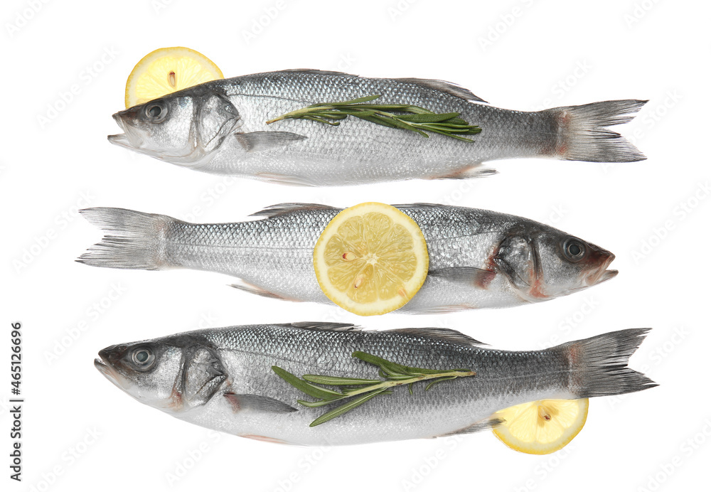 Fresh uncooked sea bass fish with lemon on white background