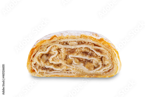 Apple strudel sweet cake on a white isolated background