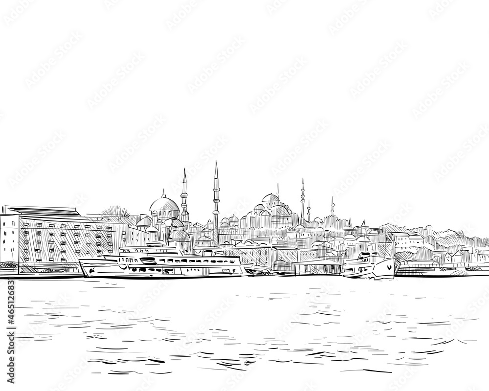 View of Istanbul from the sea. New mosque. Rustem Pasha Mosque. Istanbul. Turkey. Urban sketch. Hand drawn, vector illustration