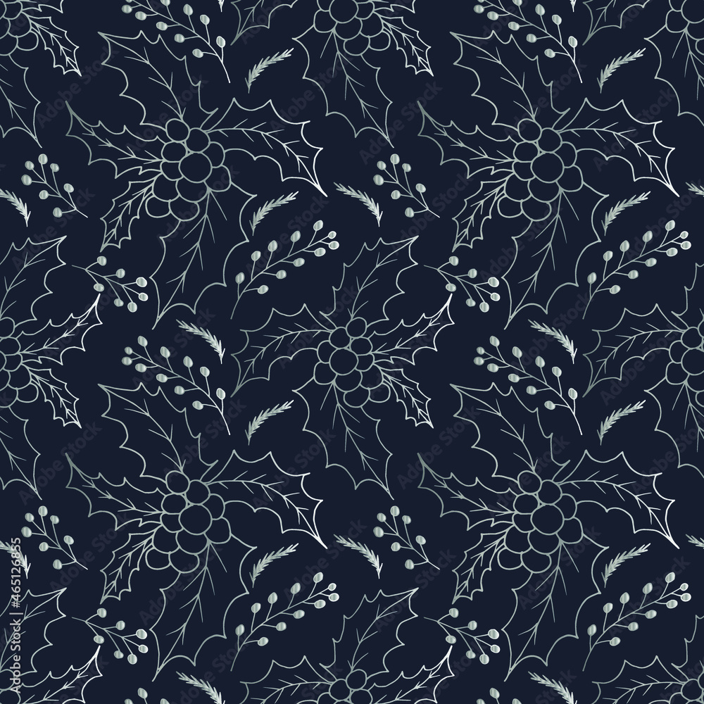 Hand drawn Christmas seamless pattern with silver holly branches on blue background in vintage style. Vector illustration with elements decorations for greeting cards, christmas posters, wrapping Hand drawn Christmas seamless pattern with silver holly branches on blue background in vintage style. Vector illustration with elements decorations for greeting cards, christmas posters, wrapping