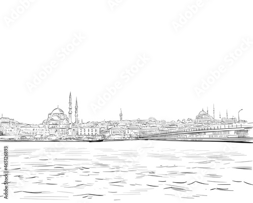 View of Istanbul from the sea. New mosque. Rustem Pasha Mosque. Istanbul. Turkey. Urban sketch. Hand drawn, vector illustration