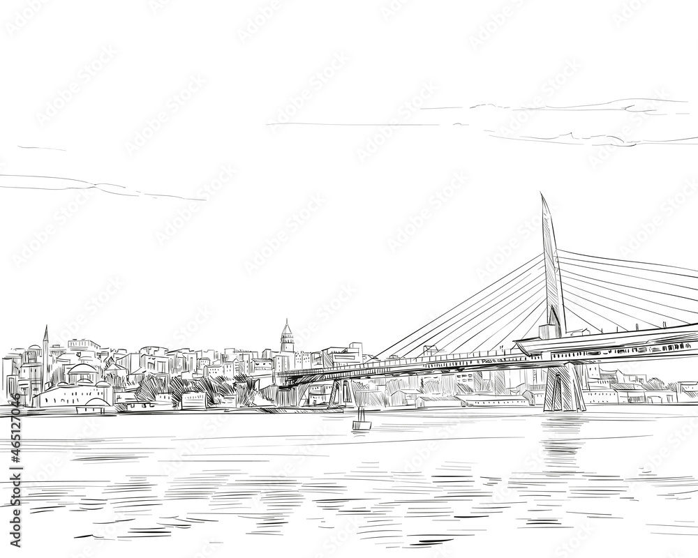 View of Istanbul from the sea. Istanbul. Turkey. Urban sketch. Hand drawn, vector illustration View of Istanbul from the sea. Istanbul. Turkey. Urban sketch. Hand drawn, vector illustration