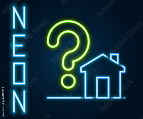 Glowing neon line House with question mark icon isolated on black background. Housing problems, questions. Colorful outline concept. Vector