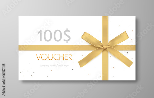 Gift voucher with gold ribbon and bow. Discount luxury coupon. Vector illustration