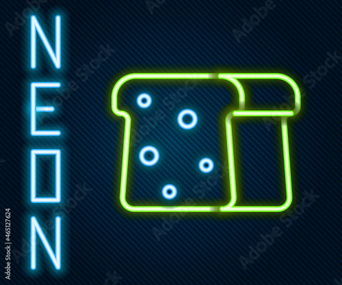 Glowing neon line Bread toast for sandwich piece of roasted crouton icon isolated on black background. Lunch, dinner, breakfast snack. Colorful outline concept. Vector