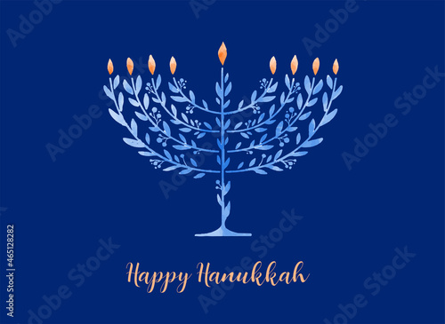 Happy Hanukkah, vector watercolor illustration, banner design. Traditional jewish holiday greeting card with menorah and dreidels