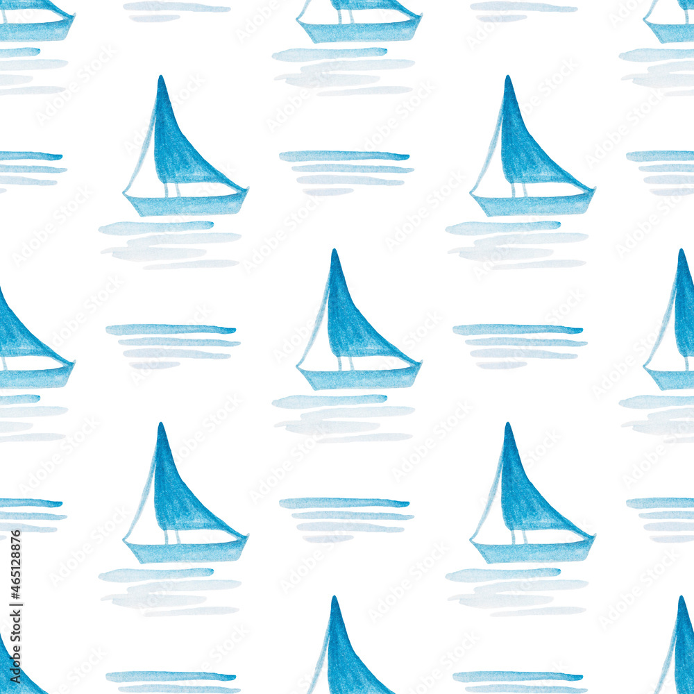 Seamless pattern with hand-painted by watercolor paints blue boat with sail, floating in the sea, and waves.