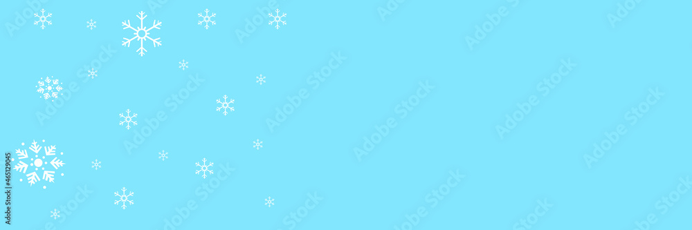 White snowflakes. Fluffy snow in winter. On a blue background. Card. Merry Christmas.