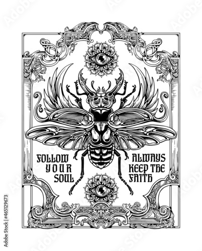 rock chic poster design with scarab wings and vintage frame hand drawn illustration