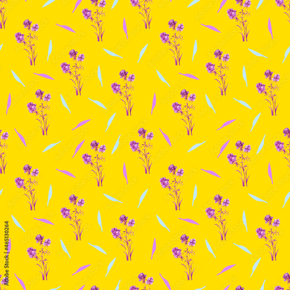 Pink flowers on a yellow background. Bright watercolor seamless pattern. Design of fabric, wallpaper, wrapping paper. Bright accent.