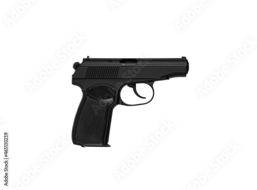 Soviet classic semi-automatic 9mm pistol. Police and military weapons. Black PM pistol with brown grip isolate on white back