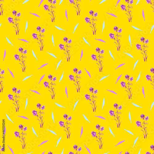 Pink flowers on a yellow background. Bright watercolor seamless pattern. Design of fabric, wallpaper, wrapping paper. Bright accent. © Natalij