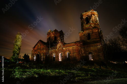 Old ancient creepy abandoned church ruins at night