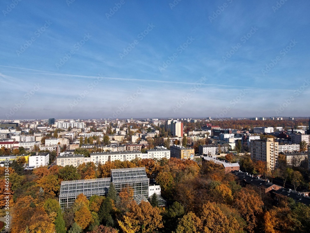 defaulAutumn panorama of the city of Lodz .Autumn  city park. Green areas of the city Top view, photo from the drone t