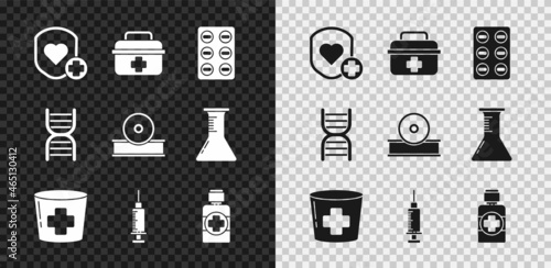 Set Shield and heart rate, First aid kit, Pills in blister pack, Nurse hat with cross, Syringe, Bottle of medicine syrup, DNA symbol and Otolaryngological head reflector icon. Vector