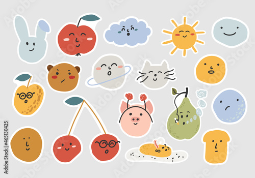 Collection of stickers with cute and simple faces - abstract face, pear, rabbit, bear, cherry, apple, cat, sun, etc. Trendy and minimalist illustrations. Emotional characters. Vector.