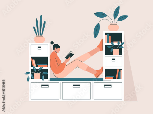 Woman reading a book, sitting by a bookcase or bookshelf. Home library, education, knowledge concept. Comfortable place to relax in a house, cozy modern interior. Isolated flat vector illustration