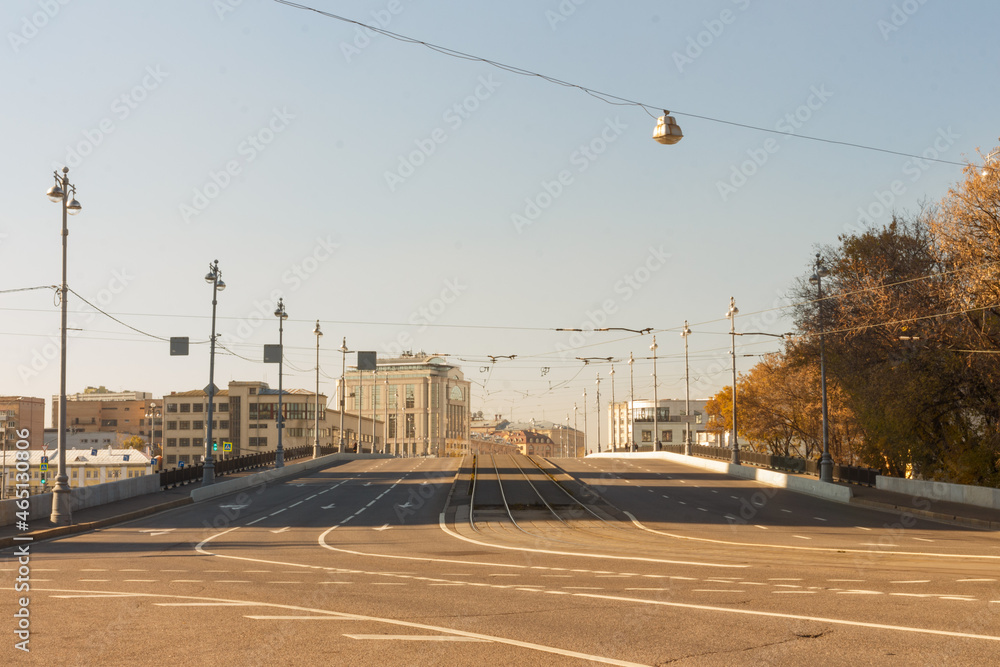 Moscow, Russia, Oct 07, 2021: Bolshoy Ustinsky Bridge over Moscow river. Autumn. Morning