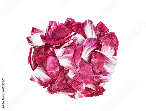 Chopped radicchio leaves red salad isolated on white background. Top view