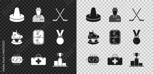 Set Mallet for playing air hockey, Hockey judge, referee, arbiter, Ice sticks, table, First aid kit, over sports winner podium, Skates and Air icon. Vector
