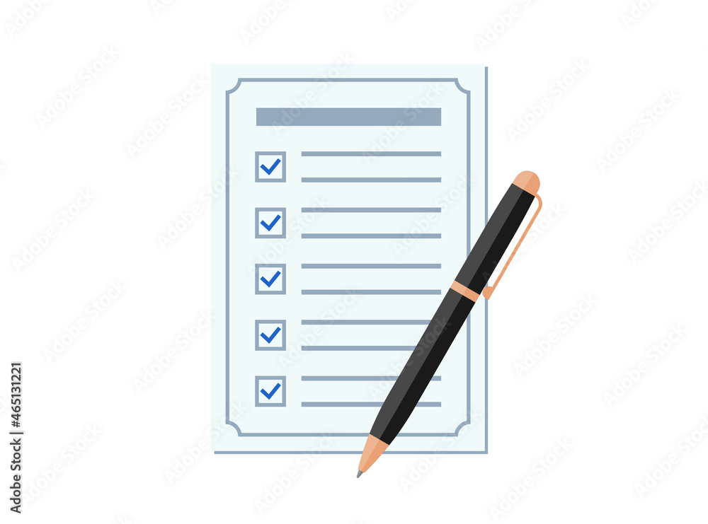 Icon checklist. Document with blue ticks checkmarks and pen. To do or wish list, application form, complete tasks, survey symbol. Vector eps isolated sign Icon checklist. Document with blue ticks checkmarks and pen. To do or wish list, application form, complete tasks, survey symbol. Vector eps isolated sign