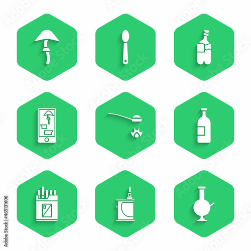 Set Heroin in a spoon, Electronic cigarette, Glass bong for smoking marijuana, Alcohol drink bottle, Open cigarettes pack box, Buying drugs online phone, Bong and Psilocybin mushroom icon. Vector