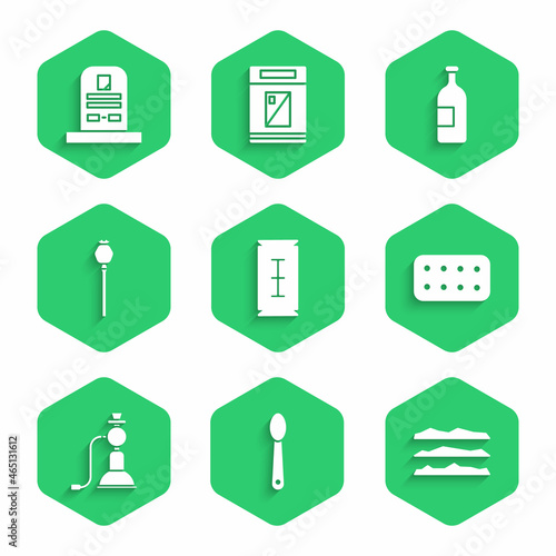 Set Blade razor, Heroin in spoon, Cocaine heroin drug, Pills blister pack, Hookah, Opium poppy, Alcohol drink bottle and Tombstone with RIP written icon. Vector