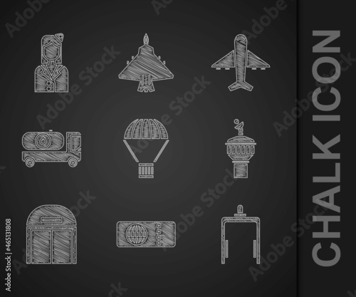 Set Box flying on parachute, Airline ticket, Metal detector airport, Radar, Aircraft hangar, Fuel tanker truck, Plane and Stewardess icon. Vector