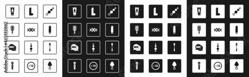 Set Anal beads, Sex shop, Spanking paddle, Personal lubricant, Dildo vibrator, Leather whip and Speech bubble with icon. Vector