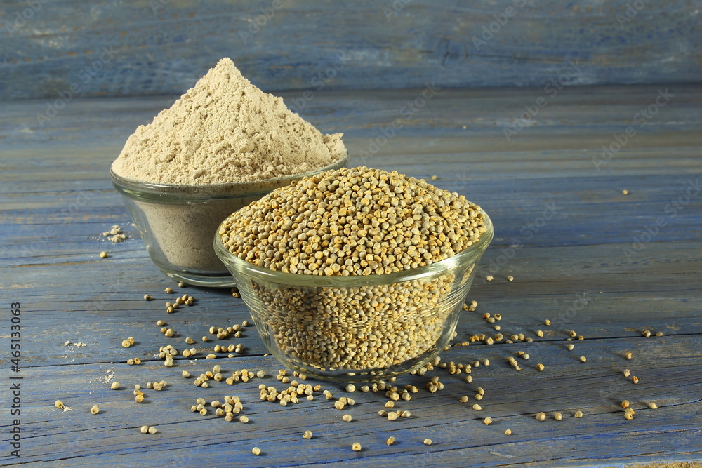 pearl millet grain whole and flour in bowl for indian gujarati food