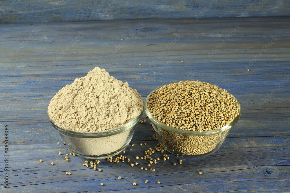 pearl millet grain whole and flour in bowl for indian gujarati food