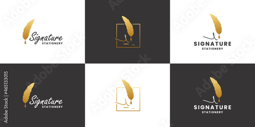 golden signature feather pen logo design. classic, old stationery