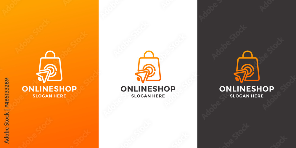 online shop logo design. bag shop combine with click icon - obrazy, fototapety, plakaty 