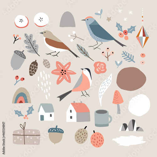 Set of Christmas Scandinavian animals and natural elements. Birds, Christmas ornaments, poinsettia flowers and berries. Abstract organic shapes. Retro design. Isolated vector illustrations.