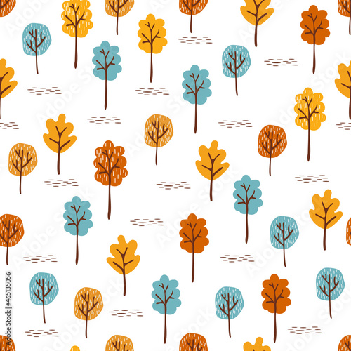 colorfull autumn trees seamless pattern on white backround. For printing baby textile, gift wrapping, paper, notepad, scrapbooking.