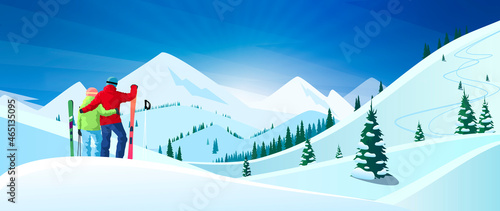 Winter Sport. Ski and Snowboard. Mountain landscape. Sportsman ski slope down. Vector illustration. Winter vacation active leisure, sport tourism