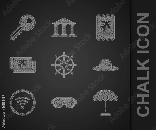 Set Ship steering wheel, Ski goggles, Sun protective umbrella for beach, Elegant women hat, Wi-Fi wireless internet network, Airline ticket, and Key icon. Vector