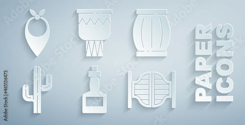 Set Tabasco sauce, Gun powder barrel, Cactus, Saloon door, Drum and Cowboy bandana icon. Vector