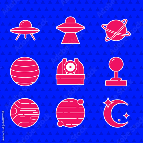 Set Astronomical observatory, Planet, Moon and stars, Joystick, Venus, Satellites orbiting the planet and UFO flying spaceship icon. Vector