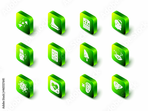 Set Flat foot, Eye test chart, High human body temperature, Insomnia, Hepatitis virus, Runny nose, Deaf and Heart rate icon. Vector