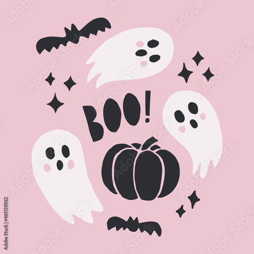 Cute Halloween Vector Illustration with Pumpkin Surrounded by Ghosts and Bats. Isolated on Pink Background. Hand Drawn Simple Design. Ideal for Posters, Cards, Wall Art or Clothes.