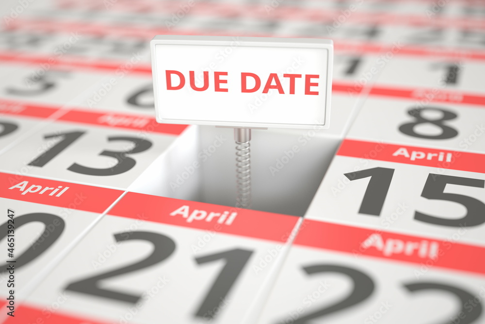 DUE DATE sign on April 14 in a calendar, 3d rendering DUE DATE sign on April 14 in a calendar, 3d rendering