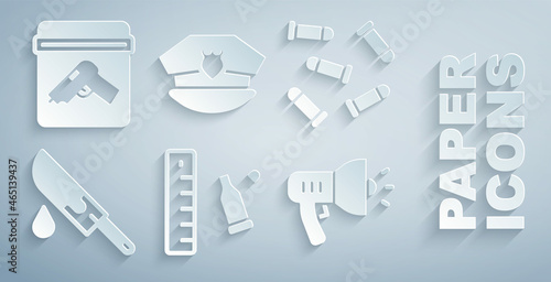 Set Bullet casing with ruler, Bloody knife, Police megaphone, cap cockade and Evidence bag gun icon. Vector