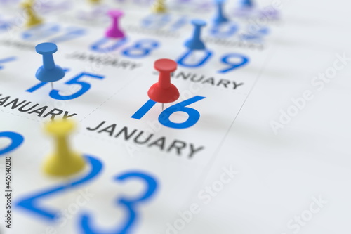 January 16 date and push pin on a calendar, 3D rendering