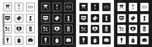 Set Barbecue grill, Grilled pork bbq ribs, Pepper, spatula, Salt and Crossed fork and icon. Vector