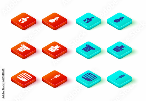 Set Ancient column, Feather pen, Decree, parchment, scroll, amphorae, Bottle of olive oil and Greek helmet icon. Vector