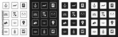 Set Passport, Calendar and airplane, Signboard with text Hotel, Anchor, Heart shaped love glasses, Sunbed umbrella, Plane and Egypt pyramids icon. Vector