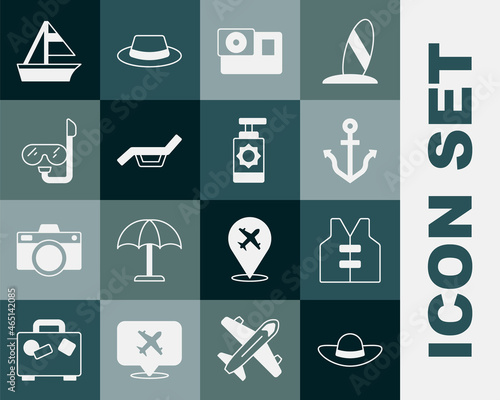 Set Elegant women hat, Life jacket, Anchor, Action camera, Sunbed and umbrella, Diving mask snorkel, Yacht sailboat and Sunscreen spray bottle icon. Vector