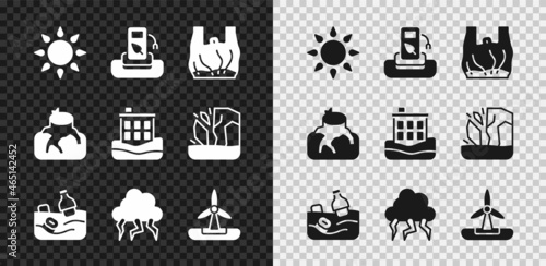 Set Sun, Petrol or gas station, Say no to plastic bags poster, Problem pollution of the ocean, Storm, Wind turbine, Deforestation and House flood icon. Vector